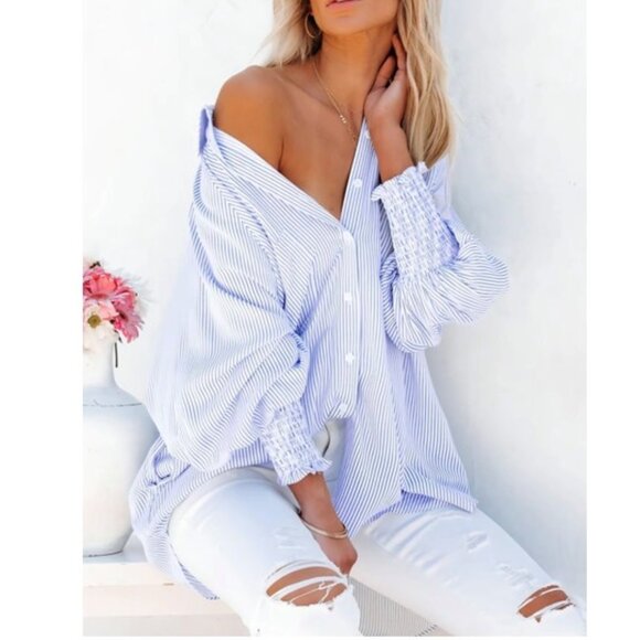 Blue & White Oversized Pinstriped Smocked Button-Up Shirt (XL / 1X) SO PRETTY! - Picture 2 of 14